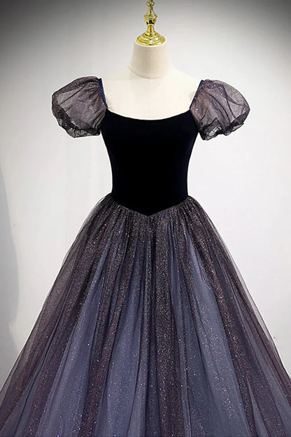 Purple Velvet Tulle Long Prom Dresses A-Line Evening Dresses