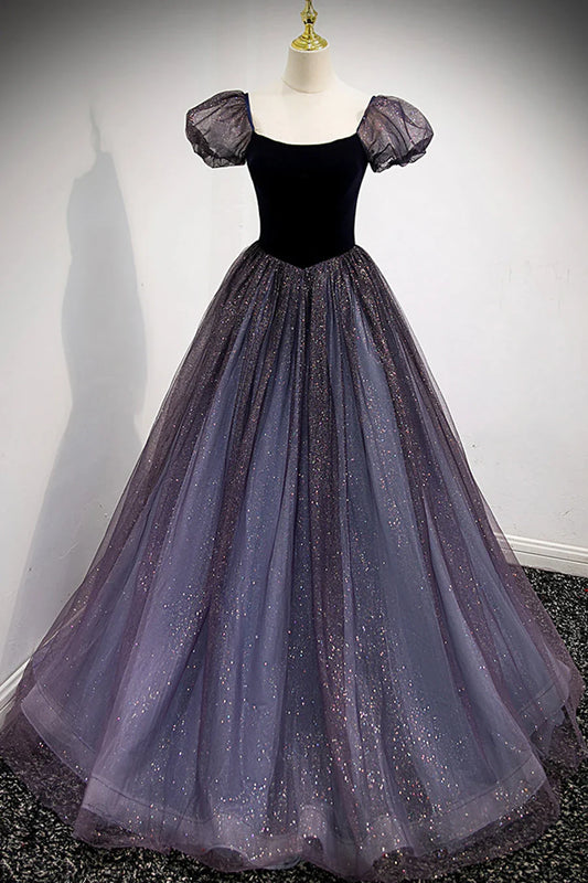 Purple Velvet Tulle Long Prom Dresses A-Line Evening Dresses