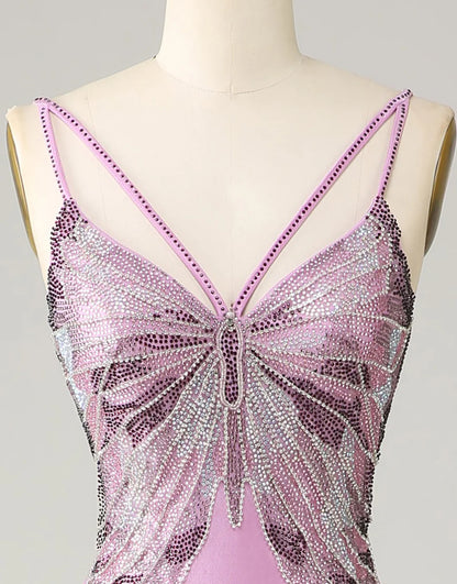 Sequins Purple Mermaid Backless Spaghetti Straps Butterflies Prom Dress