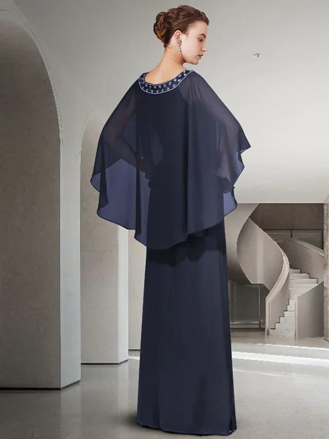 Mother of the Bride Dress Elegant Jewel Neck Floor Length Chiffon Long Sleeve with Ruffles