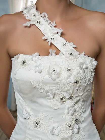 Wedding Dresses One Shoulder Court Train Tulle Sleeveless with Beading Appliques Flower