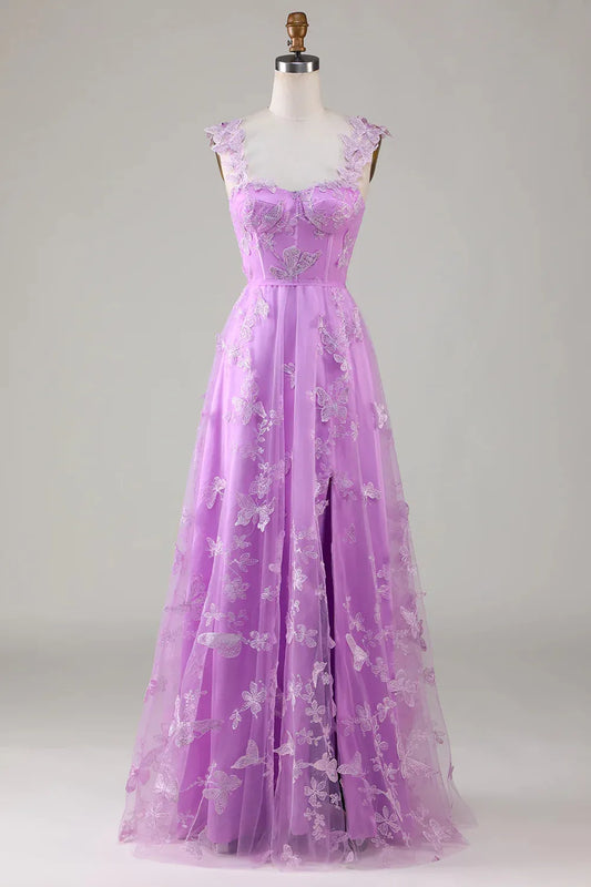 Quyihu Dress A-Line Maxi Dress Purple Stunning Maxi Dress Tulle with Split 3D Butterflies Prom Dress