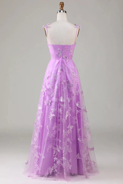 Quyihu Dress A-Line Maxi Dress Purple Stunning Maxi Dress Tulle with Split 3D Butterflies Prom Dress