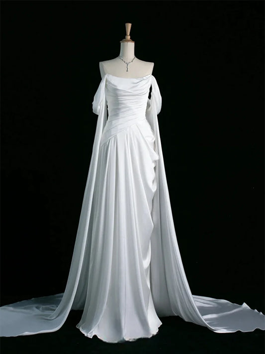Quyihu Dress A-Line Off Shoulder Satin White Long Prom Dress White Long Formal Dress