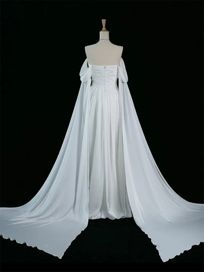 Quyihu Dress A-Line Off Shoulder Satin White Long Prom Dress White Long Formal Dress