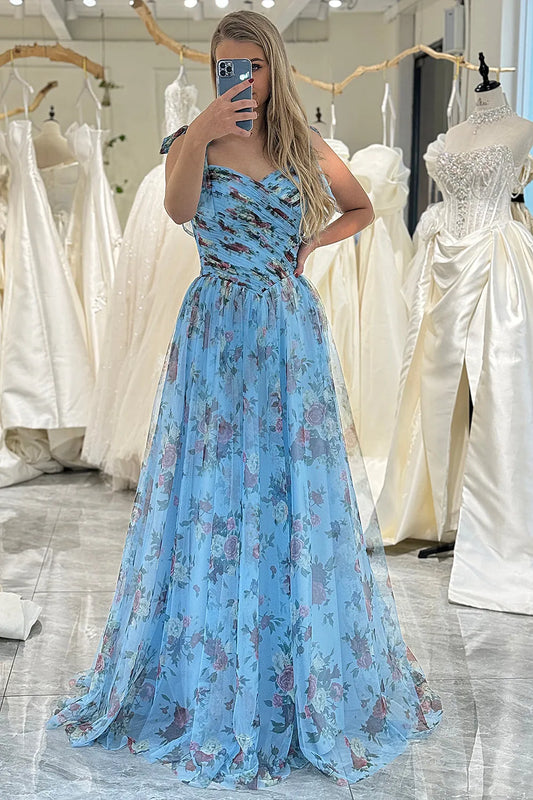 Quyihu Dress A-Line/Princess Flower Printed Off the Shoulder Sleeveless Sweep/Brush Train Elegant Prom Dress