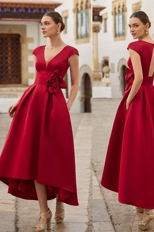 Quyihu Dress A-Line/Princess Red Flower Short Ankle Length Prom Dress V Neck Backless Evening Dress