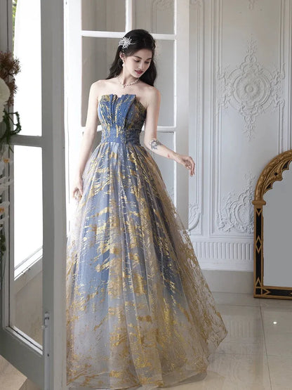 Quyihu Dress A-Line Tulle Sequin Blue/Gold Long Prom Dress Floor Length Lace Up Formal Dress