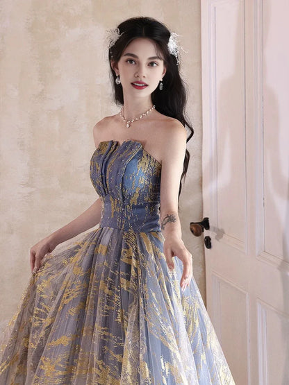 Quyihu Dress A-Line Tulle Sequin Blue/Gold Long Prom Dress Floor Length Lace Up Formal Dress