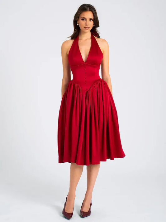 Quyihu Dress A-line Elegant Tea-Length Pleated Red Plunging Halter Sleeveless Backless Maxi Dress Prom Dress