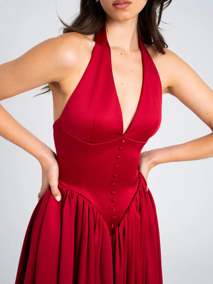 Quyihu Dress A-line Elegant Tea-Length Pleated Red Plunging Halter Sleeveless Backless Maxi Dress Prom Dress
