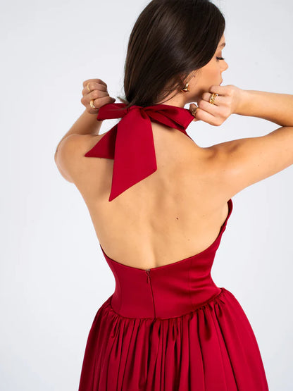 Quyihu Dress A-line Elegant Tea-Length Pleated Red Plunging Halter Sleeveless Backless Maxi Dress Prom Dress