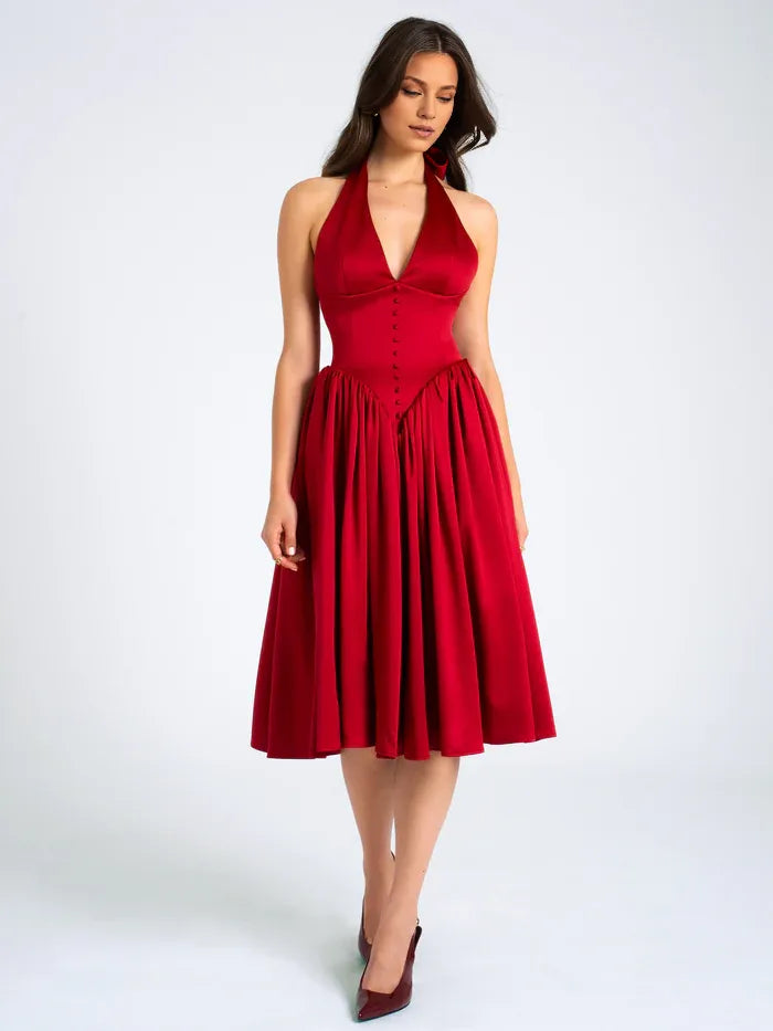 Quyihu Dress A-line Elegant Tea-Length Pleated Red Plunging Halter Sleeveless Backless Maxi Dress Prom Dress