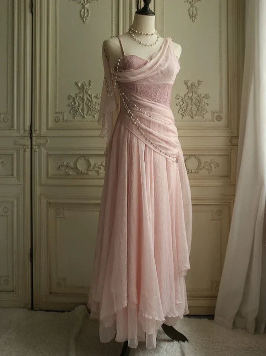 Quyihu Dress A-line Lovely Pink Chiffon Prom Dress Princess Spaghetti Straps Evening Dress