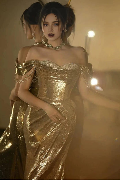 Quyihu Dress Amazing Gold Strapless Off the Shoulder Long Pleated Prom Dress with Beadings Evening Dress