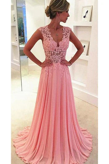 Quyihu Dress Beautiful Pink Sleeveless Lace Appliques Prom Dresses Long Chiffon Mermaid A-line Evening Dress