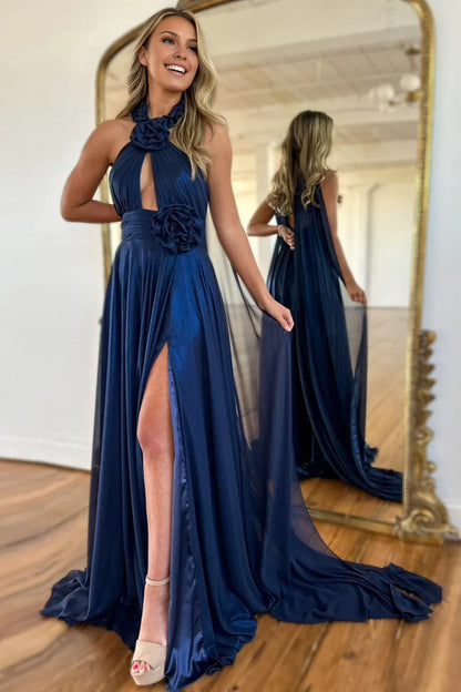 Quyihu Dress Black Navy A-Line Halter Neck Long Satin Prom Dress with Ribbons and Slit