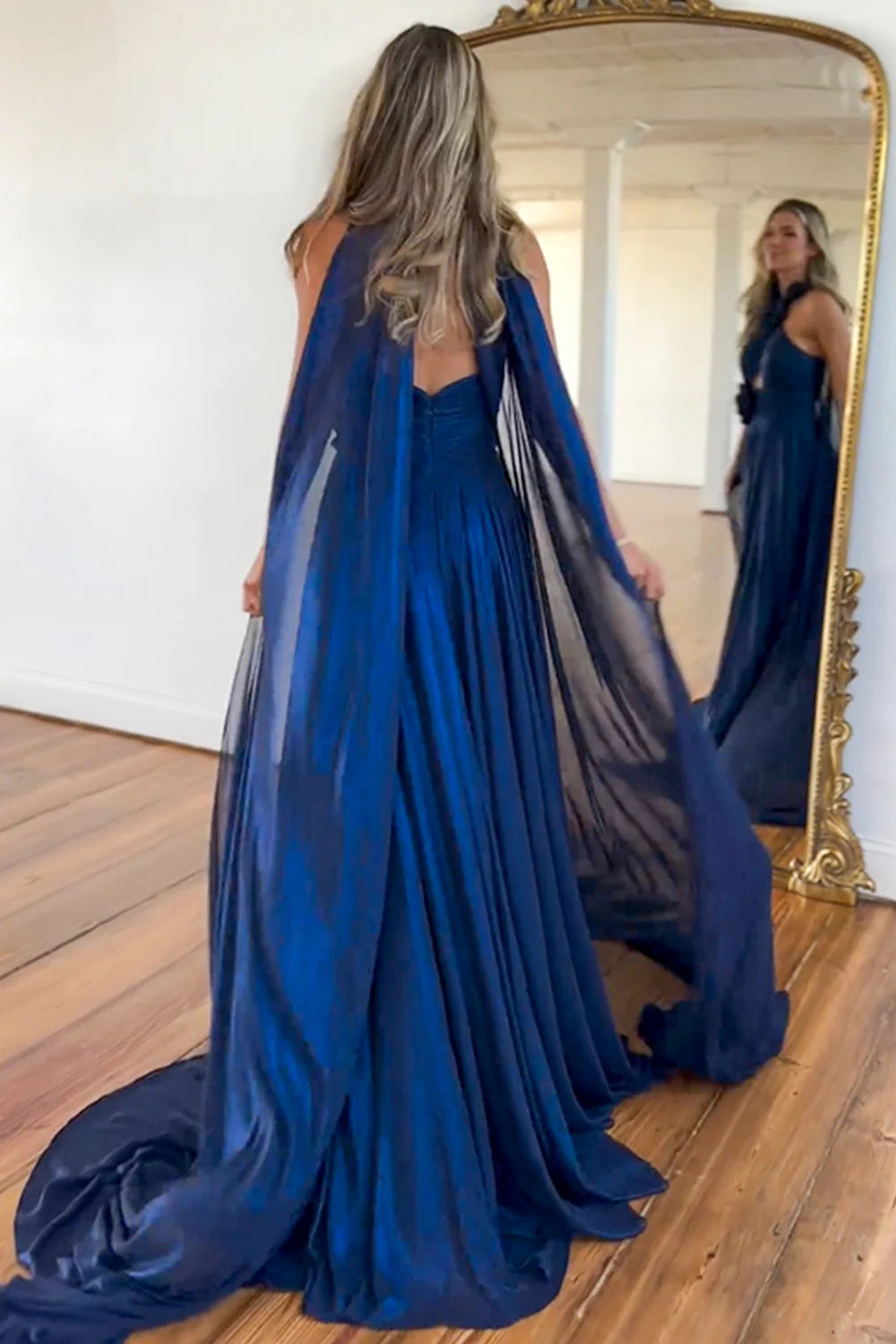Quyihu Dress Black Navy A-Line Halter Neck Long Satin Prom Dress with Ribbons and Slit