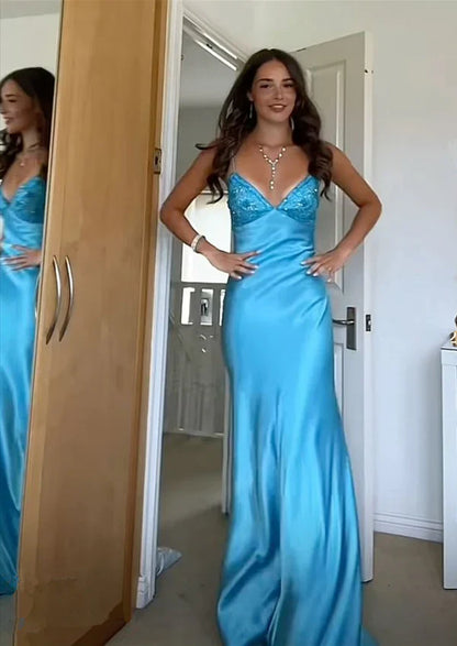 Quyihu Dress Blue Backless Mermaid Satin Long Evening Spaghetti Straps Prom Dress