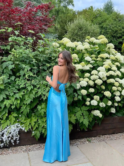 Quyihu Dress Blue Backless Mermaid Satin Long Evening Spaghetti Straps Prom Dress