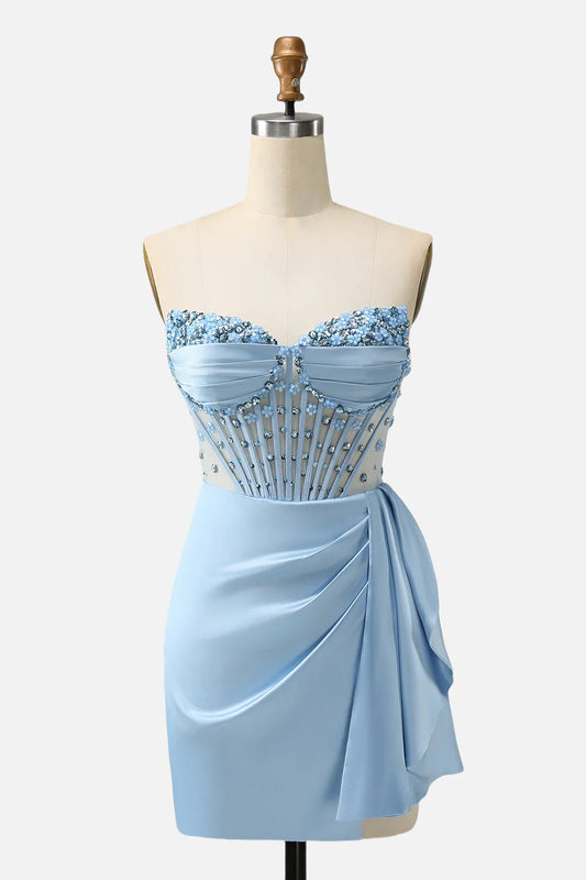 Quyihu Dress Blue Beaded Ruched Bodycon Short Dress with Shawl Homecoming Dress