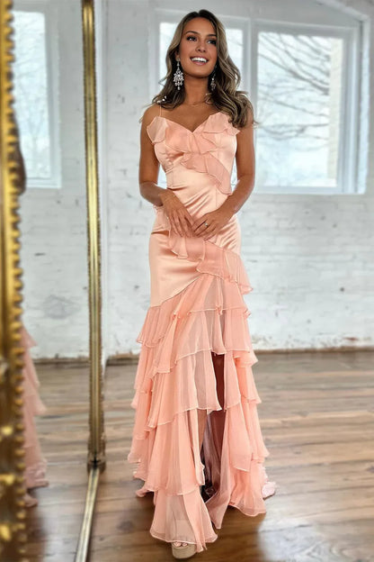 Quyihu Dress Blush Satin Spaghetti Straps Mermaid Zipper Back Long Prom Dress With Ruffles