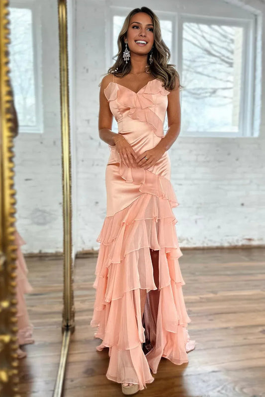 Quyihu Dress Blush Satin Spaghetti Straps Mermaid Zipper Back Long Prom Dress With Ruffles