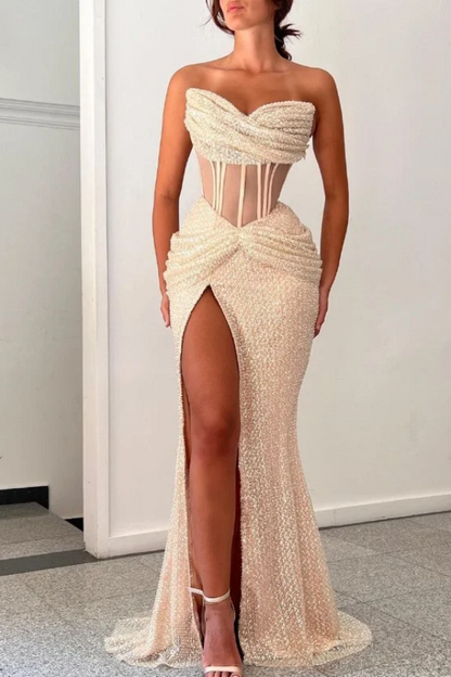 Quyihu Dress Champagne Sweetheart Pleated Prom Dress With Split Sequins Evening Dress