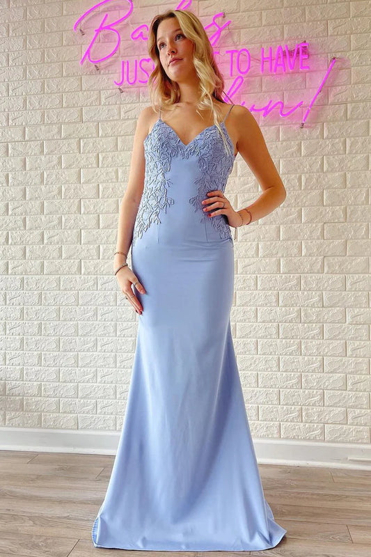 Quyihu Dress Charming Mermaid Sweetheart Light Blue Satin Prom Dresses with Appliques