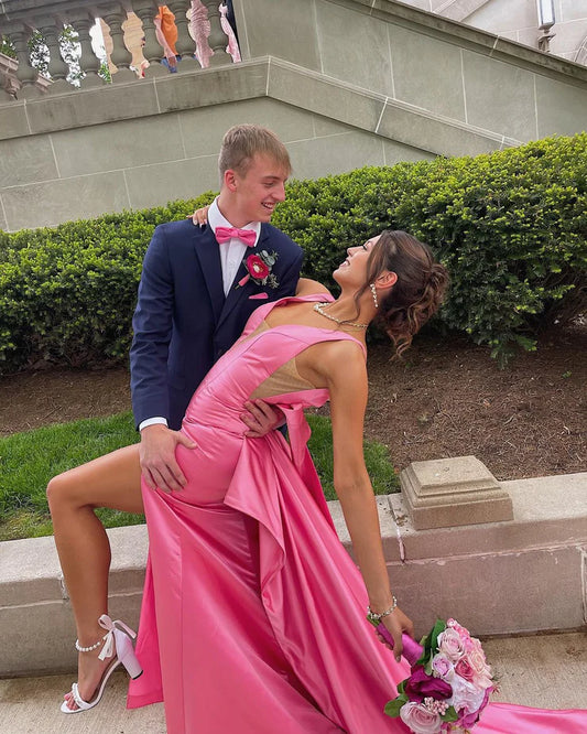 Quyihu Dress Charming Sweetheart Sheath Pink Saitn Prom Dress with Big Bow