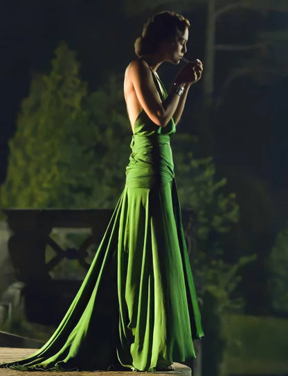 Quyihu Dress Classic A Line Spaghetti Strap Green Satin Long Prom Dress Evening Dress Sleeveless Party Dress