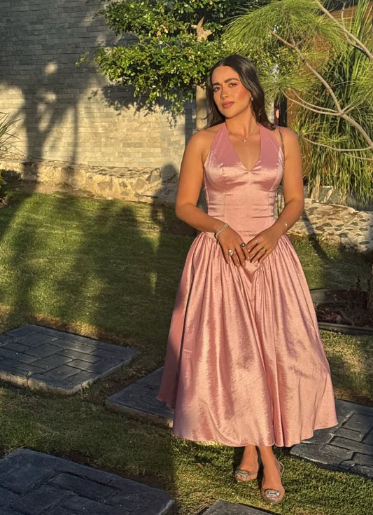 Quyihu Dress Cute A Line Halter V Neck Pink Satin Open Back Party Dress Graduation Prom Dress