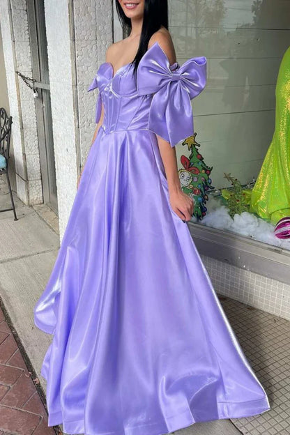 Quyihu Dress Cute A Line Off the Shoulder Hot Pink Satin Prom Dress with Bow