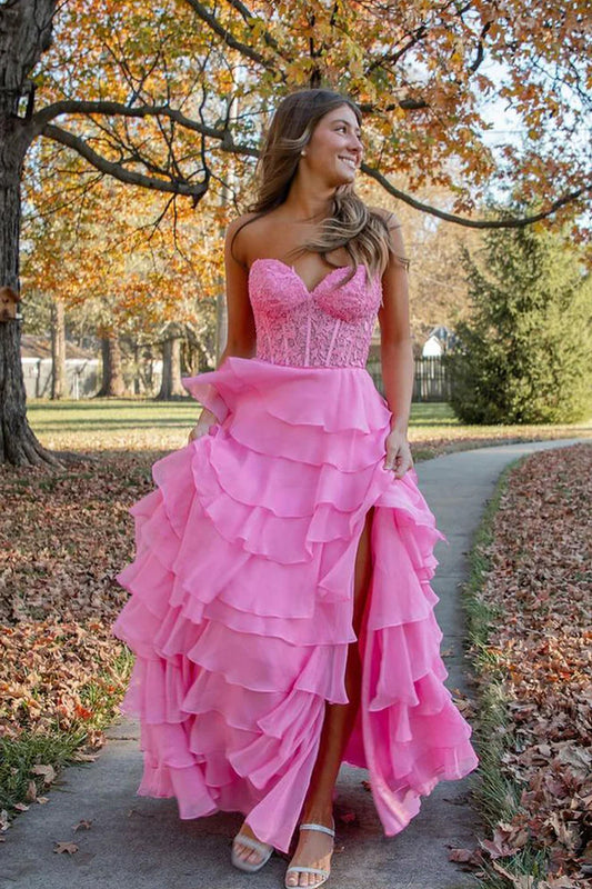 Quyihu Dress Cute A Line Sweetheart Hot Pink Chiffon Tiered Long Prom Dresses with Appliques