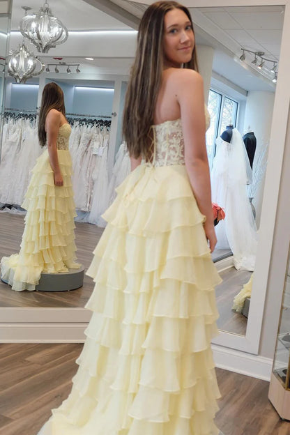 Quyihu Dress Cute A Line Sweetheart Hot Pink Chiffon Tiered Long Prom Dresses with Appliques