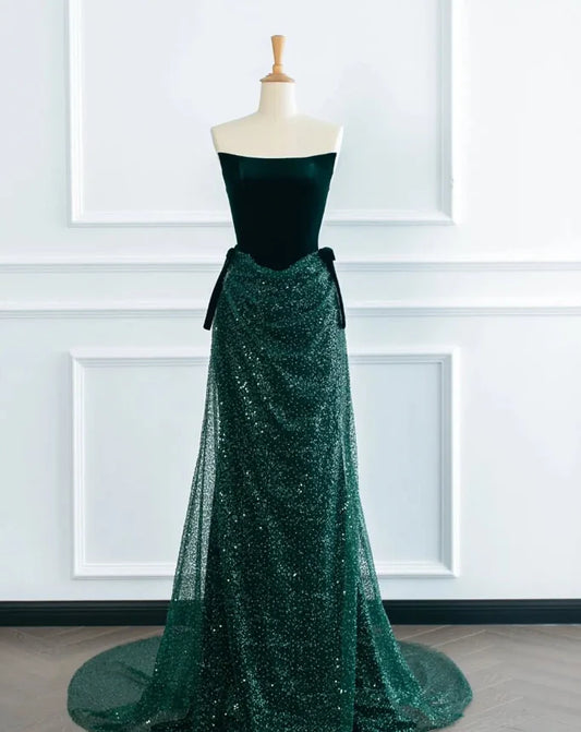 Quyihu Dress Cute Green A Line Strapless Velvet Sequins Long Sweep Evening Dress Graduation Prom Dress