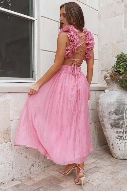 Quyihu Dress Deep V Neck Petal Decor Lace Up Backless A-Line Midi Dresses Pink Prom Dress