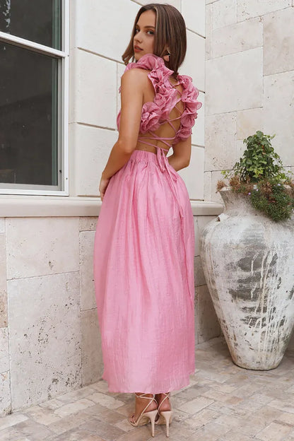 Quyihu Dress Deep V Neck Petal Decor Lace Up Backless A-Line Midi Dresses Pink Prom Dress