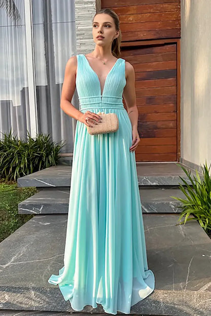 Quyihu Dress Deep V Neck Sleeveless Cinch Waist Plain Gowns Maxi Tank Dresses Blue Prom Dress