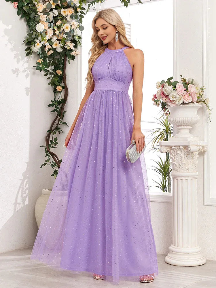 Quyihu Dress Demure Sparkling Halter Neck Sleeveless Empire Waist A-Line Maxi Bridesmaid/Evening Dress With Bow Prom Dress