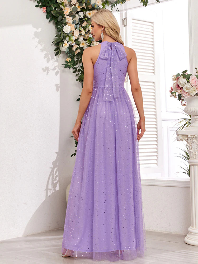 Quyihu Dress Demure Sparkling Halter Neck Sleeveless Empire Waist A-Line Maxi Bridesmaid/Evening Dress With Bow Prom Dress
