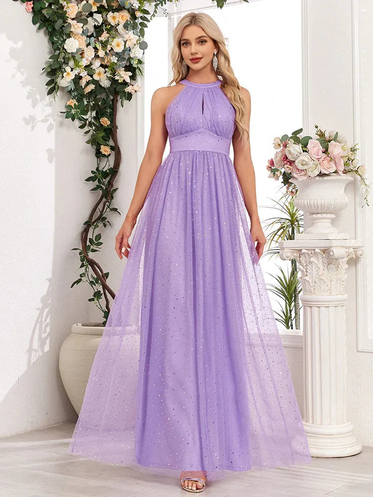 Quyihu Dress Demure Sparkling Halter Neck Sleeveless Empire Waist A-Line Maxi Bridesmaid/Evening Dress With Bow Prom Dress