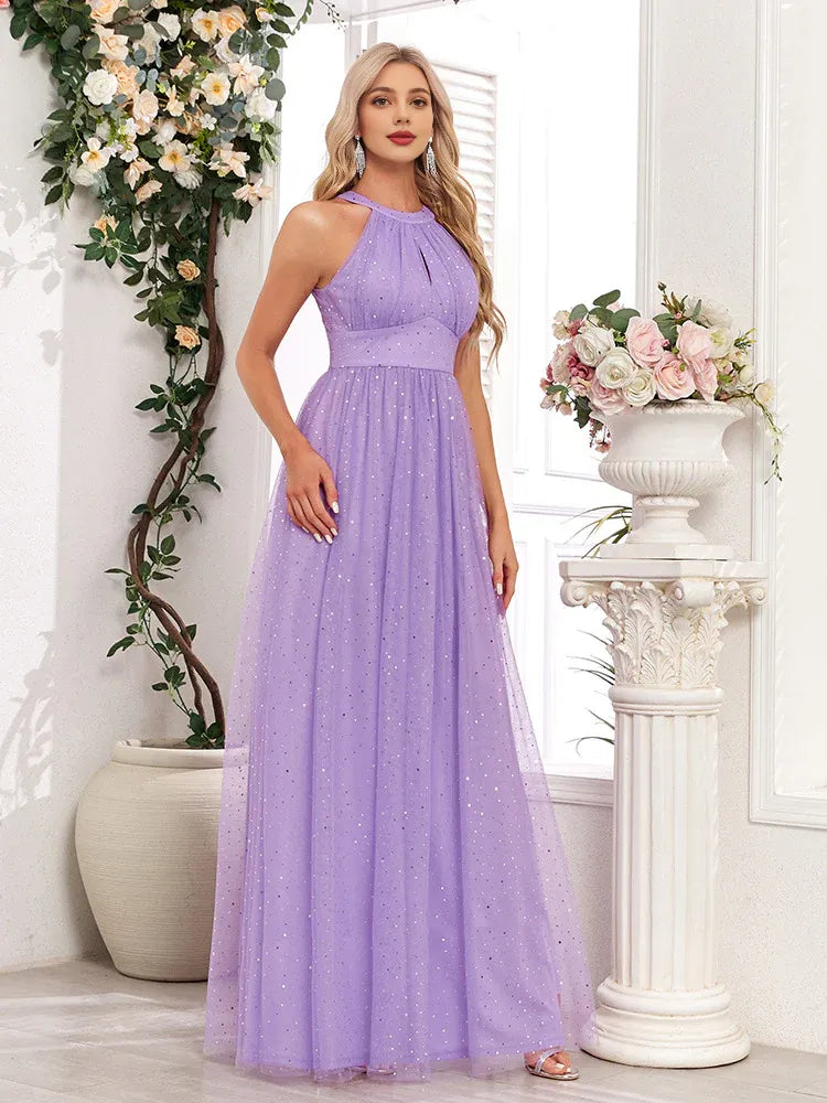Quyihu Dress Demure Sparkling Halter Neck Sleeveless Empire Waist A-Line Maxi Bridesmaid/Evening Dress With Bow Prom Dress