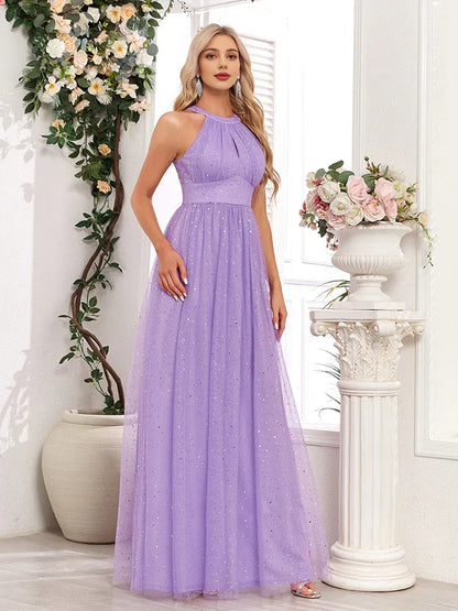 Quyihu Dress Demure Sparkling Halter Neck Sleeveless Empire Waist A-Line Maxi Bridesmaid/Evening Dress With Bow Prom Dress