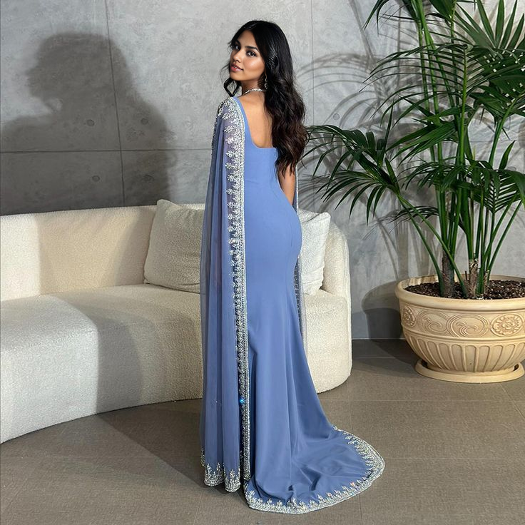 Quyihu Dress Dusty Blue Mermaid Appliques Beading Long Party Dress with Cape Sleeves Formal Women's Dresses