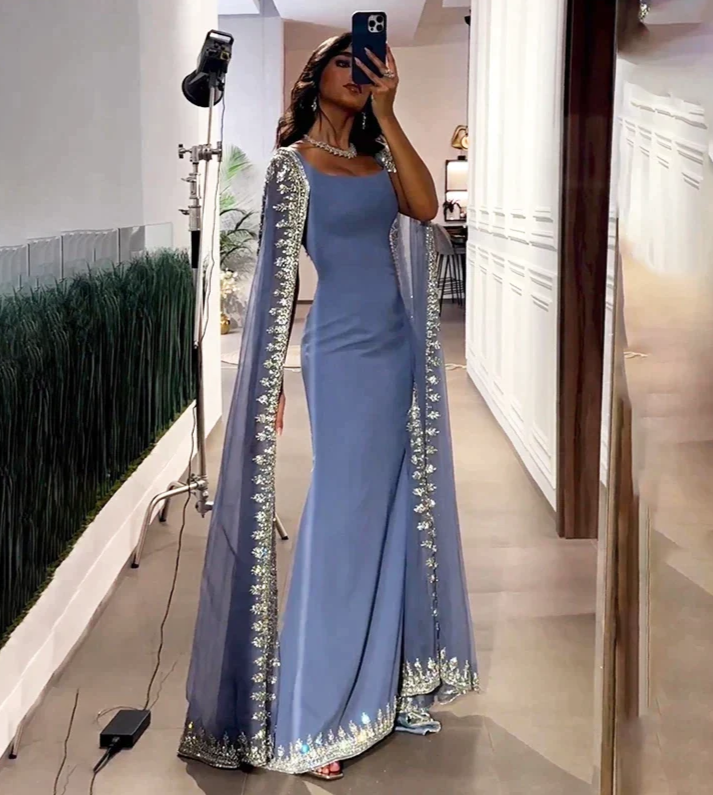 Quyihu Dress Dusty Blue Mermaid Appliques Beading Long Party Dress with Cape Sleeves Formal Women's Dresses