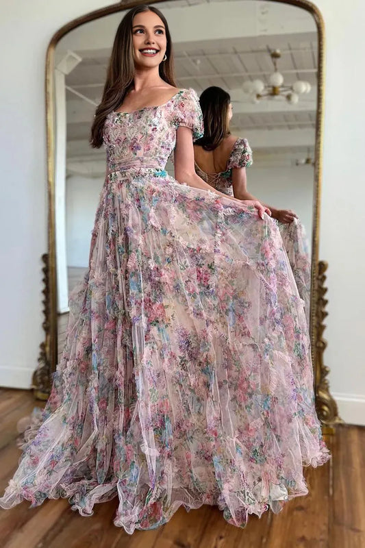 Quyihu Dress Elegant  A-Line Square Neck Short Sleeves Maxi Dress Lace Up Open Back Prom Dress