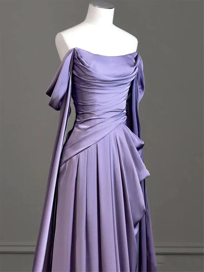 Quyihu Dress Elegant A-line Purple Satin Prom Dress Draped Bodice Formal Party Dress