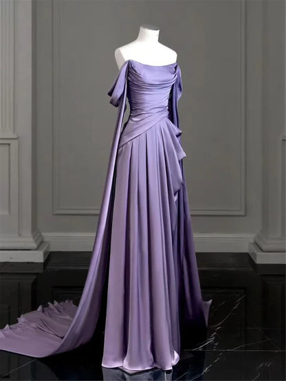 Quyihu Dress Elegant A-line Purple Satin Prom Dress Draped Bodice Formal Party Dress
