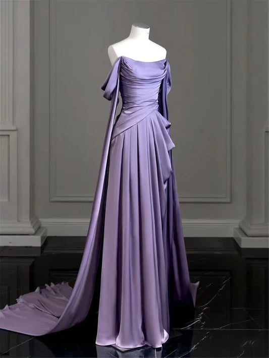 Quyihu Dress Elegant A-line Purple Satin Prom Dress Draped Bodice Formal Party Dress